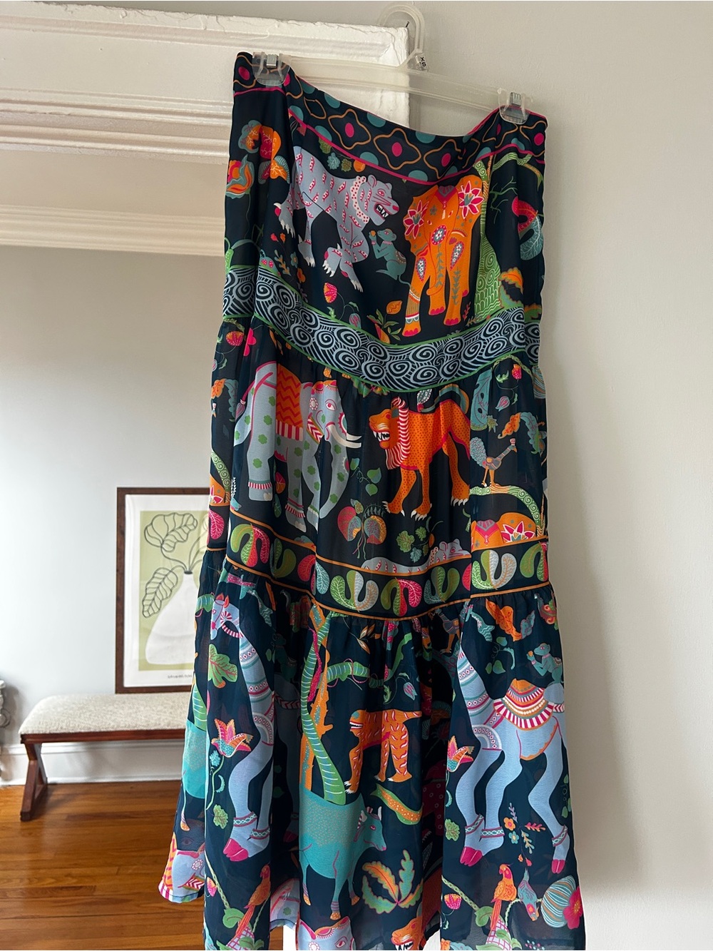 Gretchen Scott Designs Black Midi Skirt with Multicolor Elephant Print